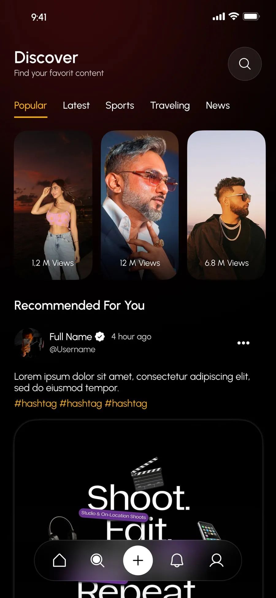 Discover screen: topic tabs, trending reels with view counts, and recommendations — close-up
