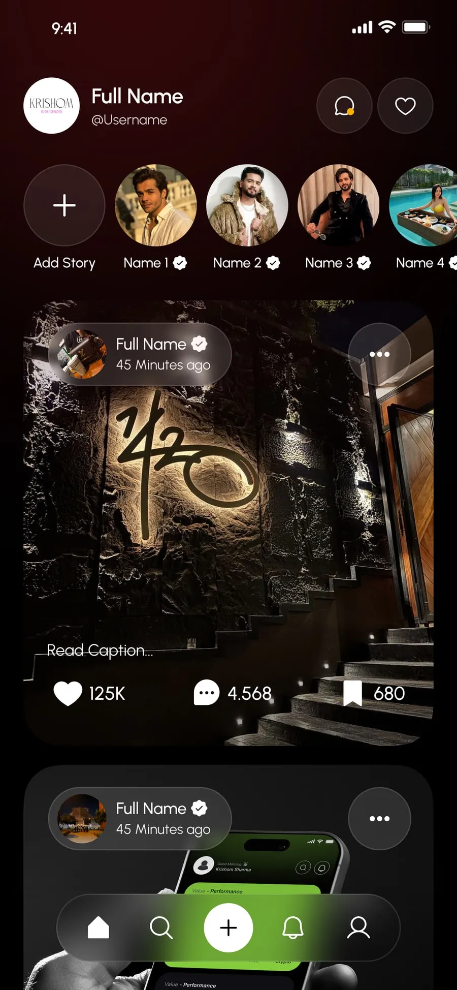 Home screen: a row of stories, then a feed of posts with likes, comments and saves — close-up