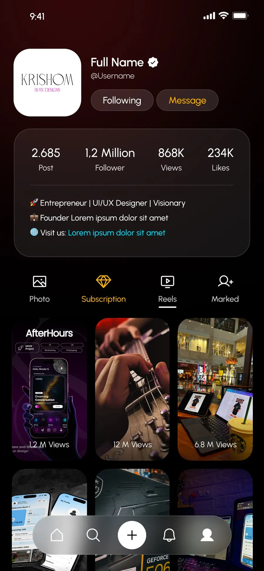 Profile screen: posts, followers, views and likes in one card, with photos, subscriptions, reels and saved items — close-up