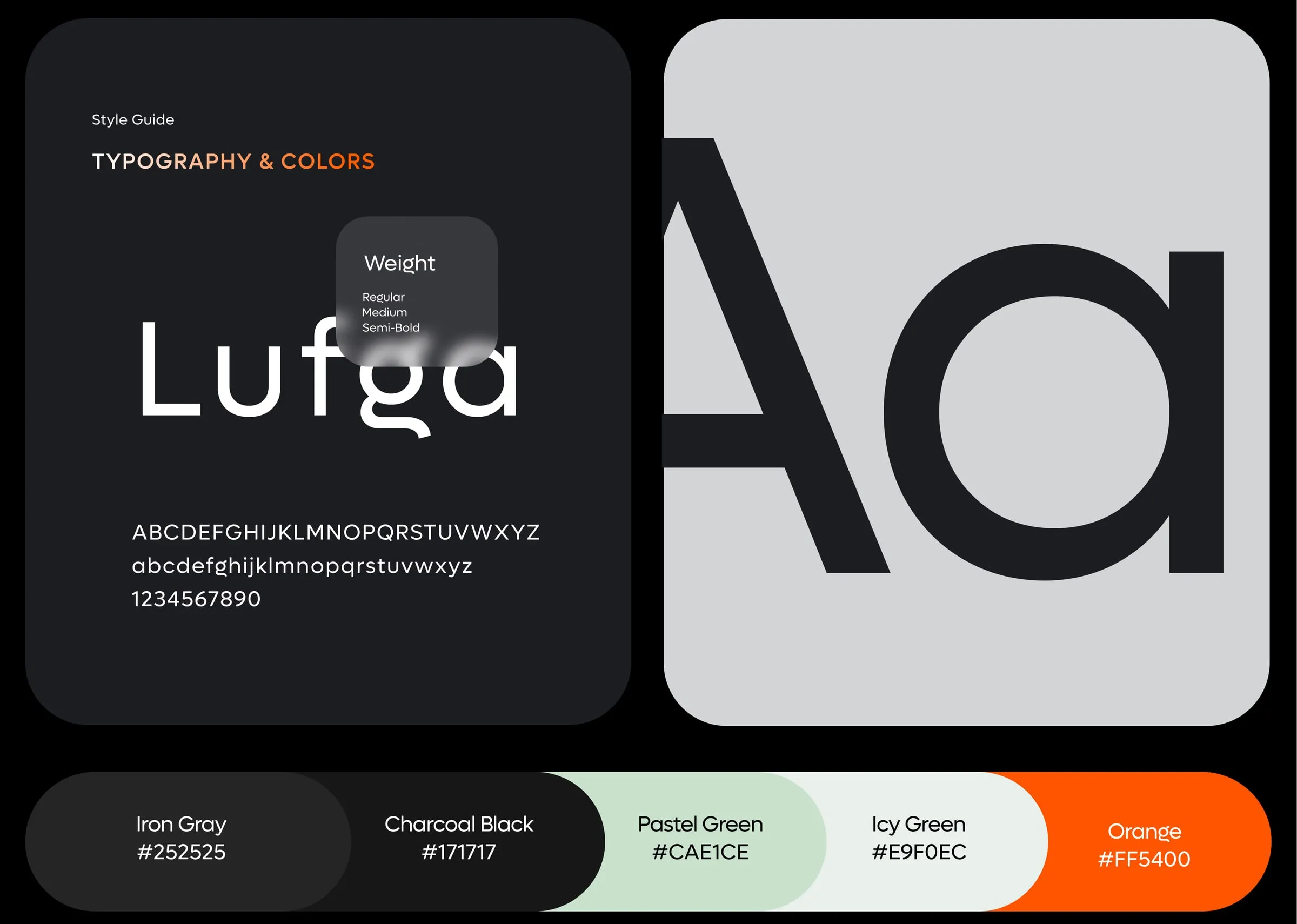 FitOra style guide: Lufga in regular, medium and semi-bold; iron gray, charcoal black, pastel green, icy green and orange