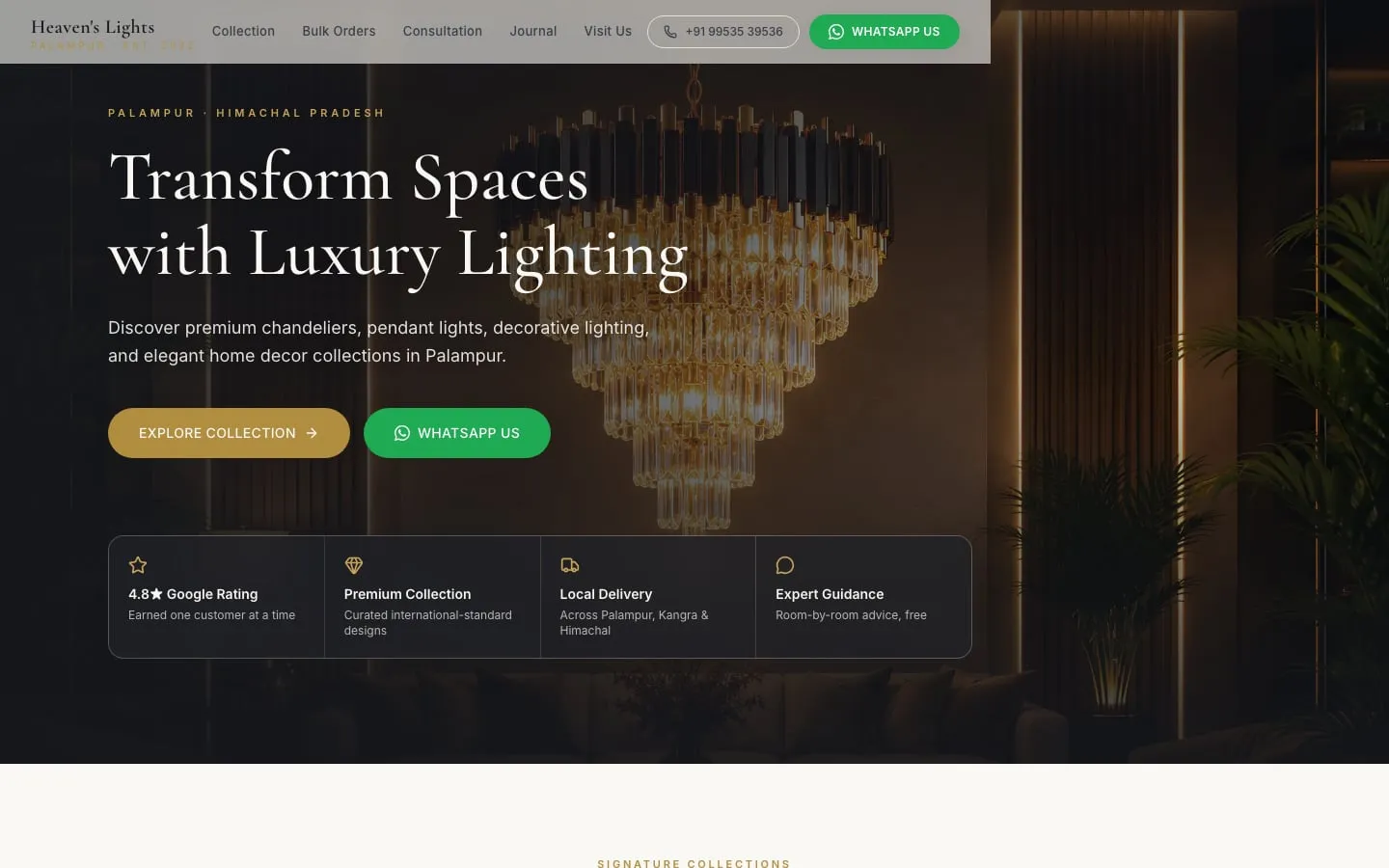 The Heaven’s Lights home page: Transform Spaces with Luxury Lighting, with Explore Collection and WhatsApp Us