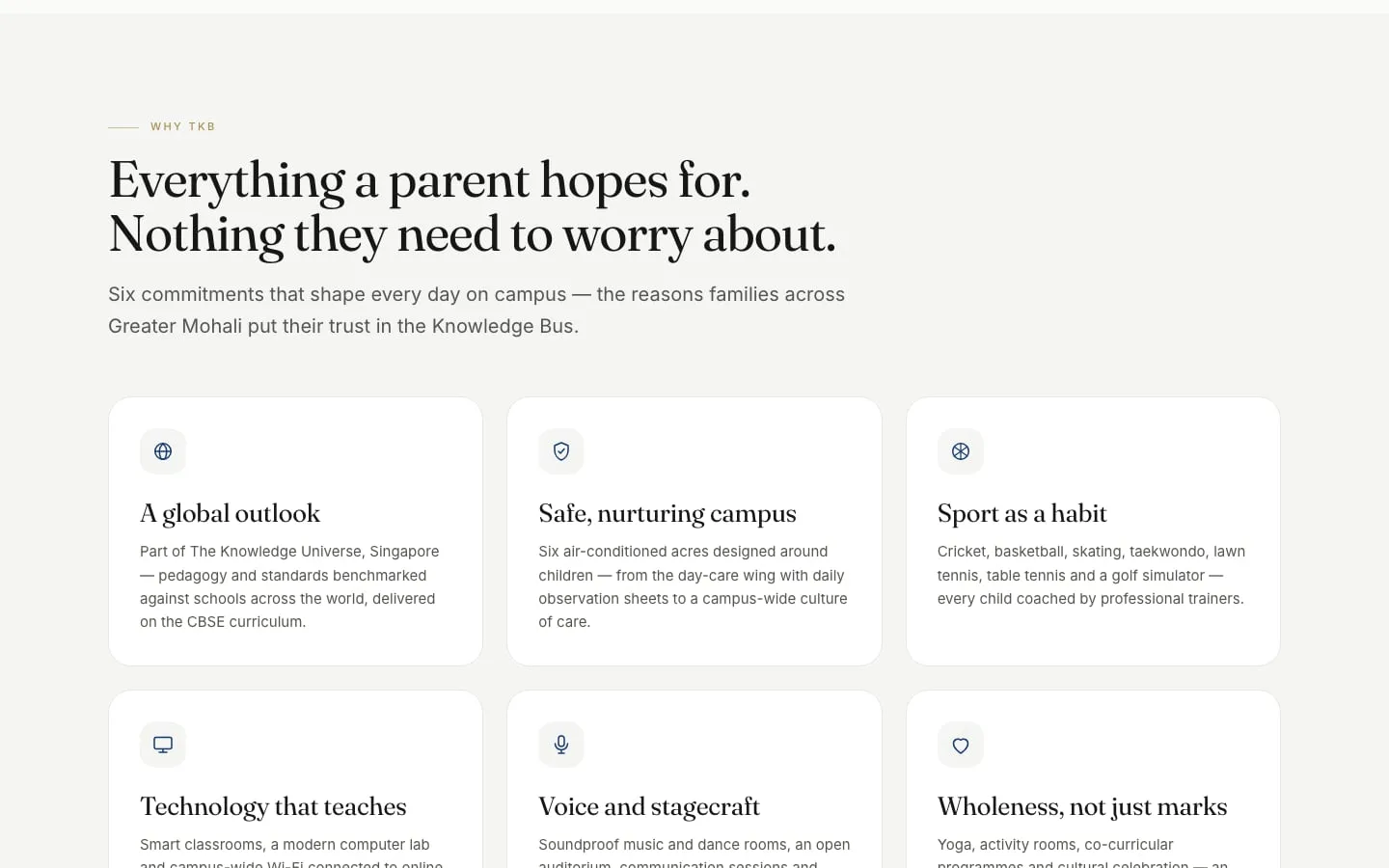 Everything a parent hopes for. Nothing they need to worry about — six commitments
