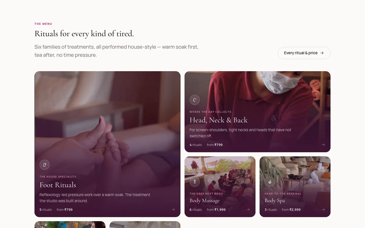 Rituals for every kind of tired — foot rituals, head, neck and back, body massage and more