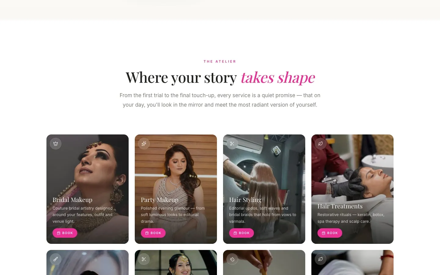 Where your story takes shape — the services, each with a Book button