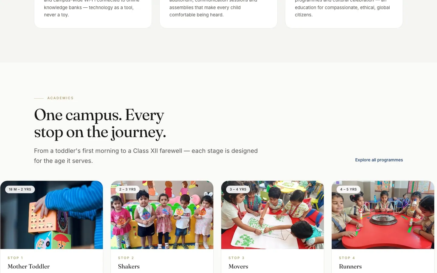 One campus. Every stop on the journey — from Mother Toddler onwards